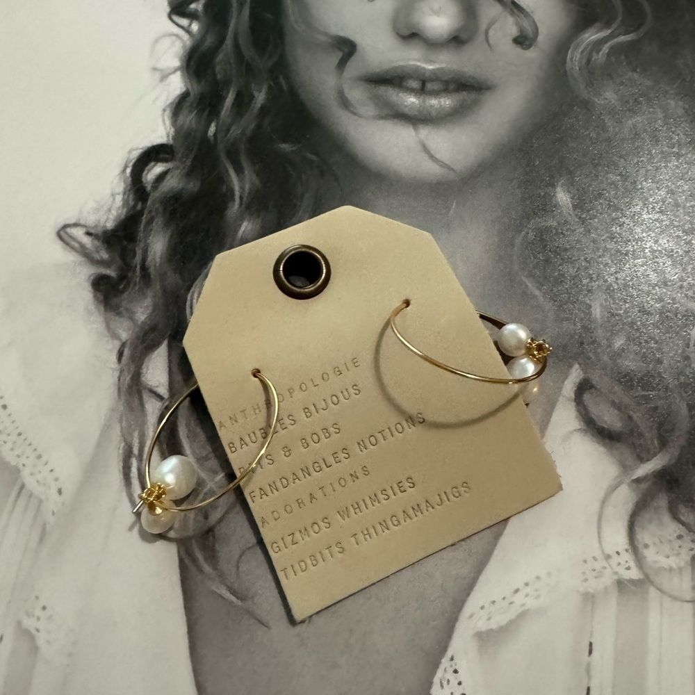 New -  Anthropologie Gold and White Pearl Drop hoop Earrings